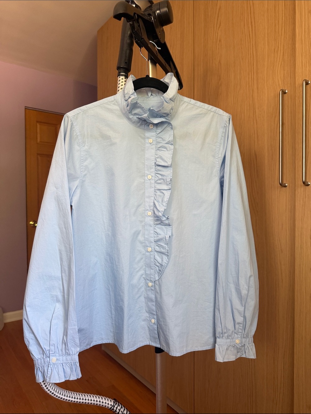 J. Crew 100% Cotton Light Blue Ruffle Front Button-Down Shirt